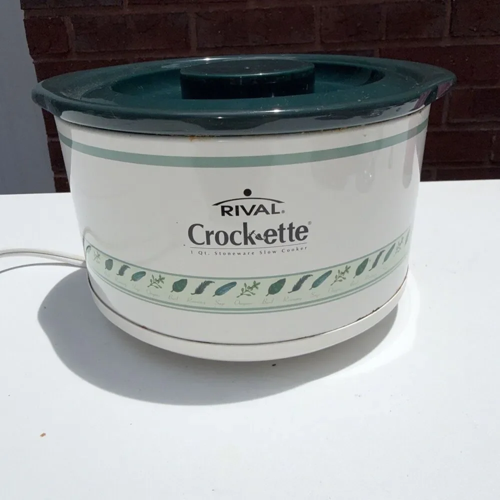 RIVAL CROCKETTE HERBS 1 Qt Stoneware Slow Cooker Pot Green Crock Lid CLEAN WORKS